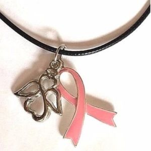 Silver Pink Ribbon Guardian Angel Necklace